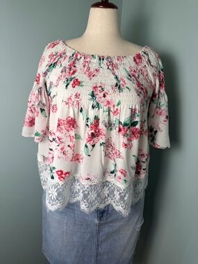 Off Shoulder Floral Smocked Top Lace Hem Boho Cottagecore Blouse, Romantic M-L